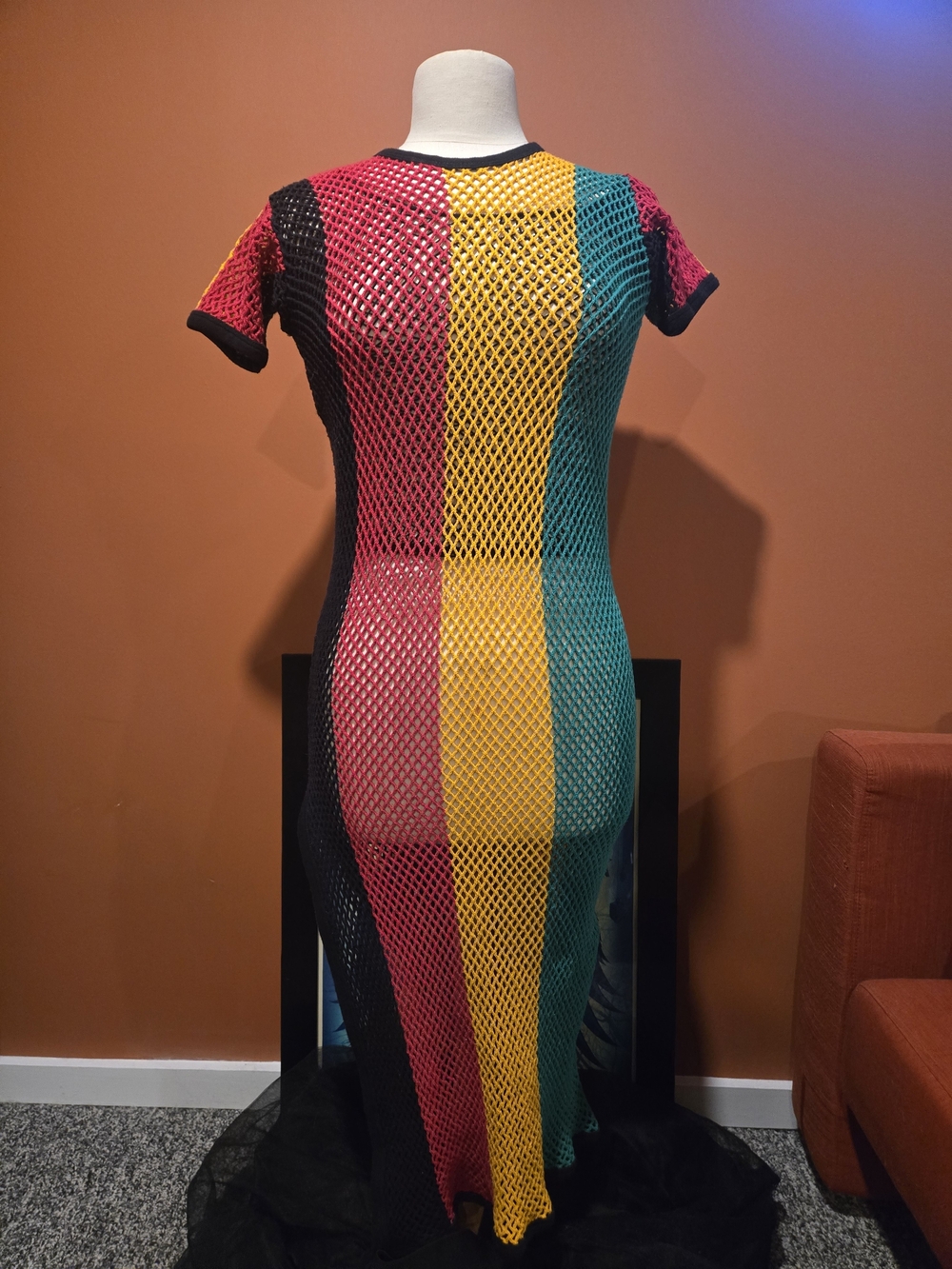 1990s Rasta Colorblock Mesh Maxi Sheer Knit Dress